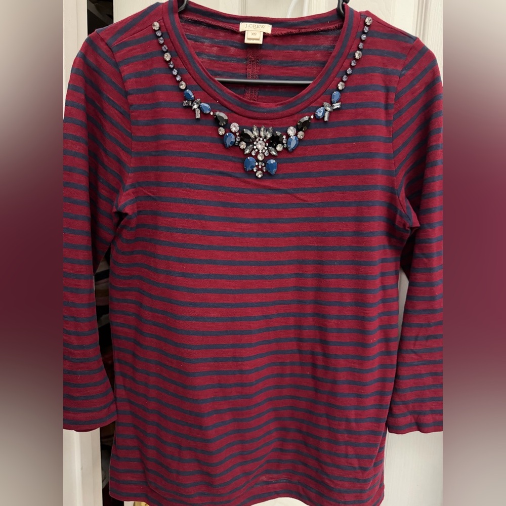 J. Crew Red and‎ Blue Striped Jewel-Embellished Long Sleeve Top &&!!